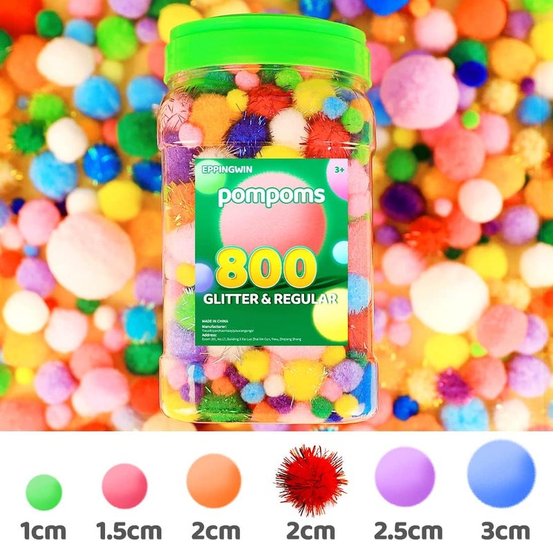 Eppingwin 800pcs Multi-Colored Pom Poms, Regular & Sparkly Pompoms, Assorted Size & Color Pom Poms, Craft Pom Poms for Arts, Crafts and DIY Projects(Multi-Color) - Image 1